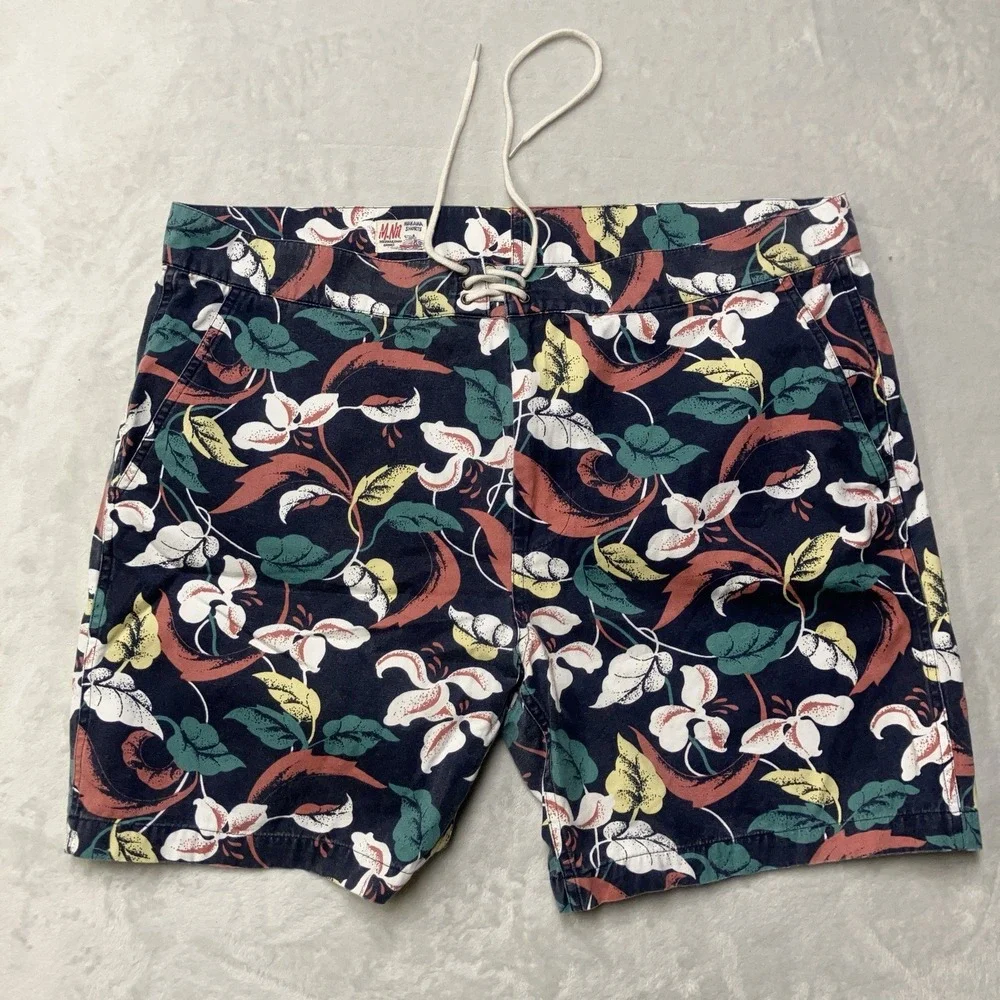 M. Nii Makaha Chino Cotton Swim Shorts Trunks Lined Floral Aloha Print Mens 36